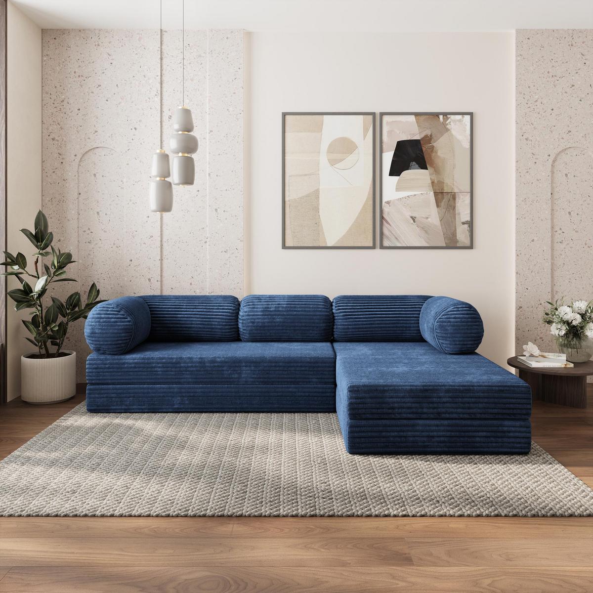 ECKSOFA ETERA modulares Boneless Sofa mit Schlaffunktion Blau Kordstoff - Blau, Textil (270/160cm) - MASSENO