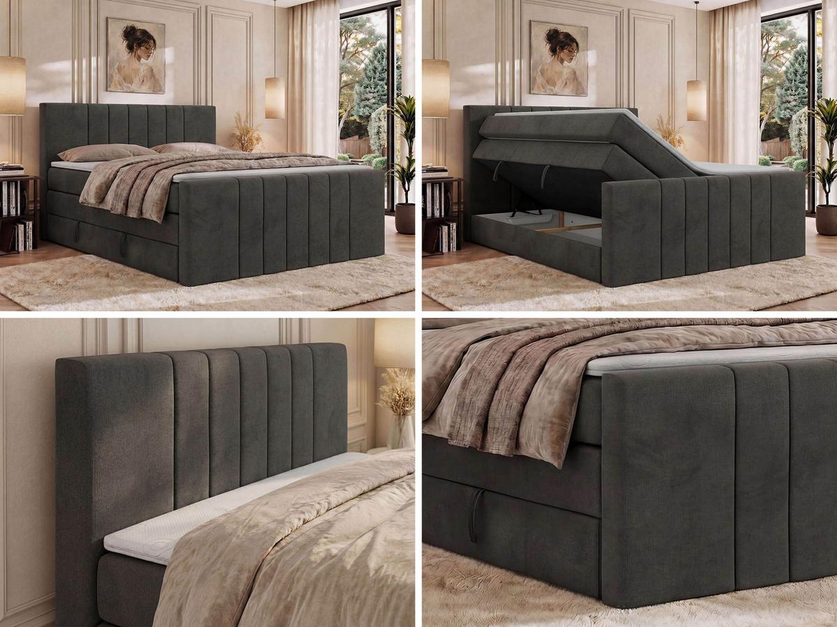 BOXSPRINGBETT INERO DUO KING 140/200 - Dunkelgrau Velvet - Topper Visco - H3 - Dunkelgrau/Schwarz, Kunststoff/Textil (140/200cm) - MKS