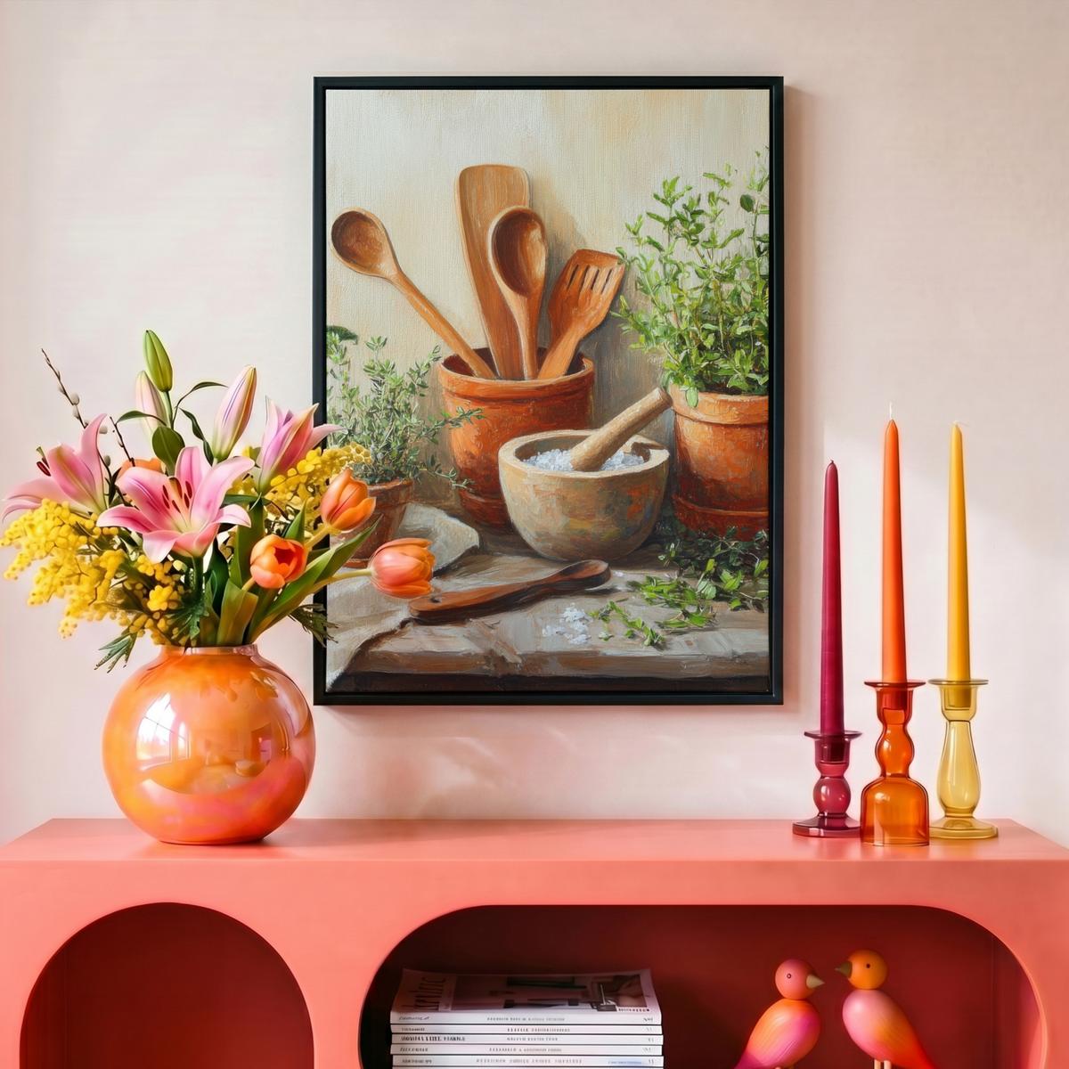 LEINWAND Bilder mit Rahmen - Töpfe - Kräuter - Holz - 30x40 - Terracotta, Textil (30/40cm) - MuchoWow