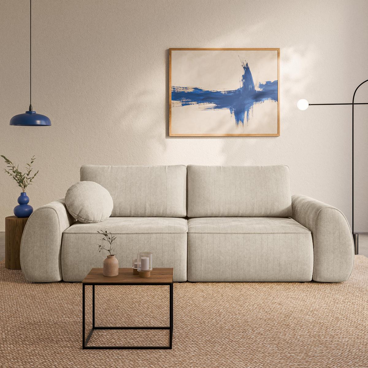 BETTSOFA ZEFEO Creme Kordstoff mit Schlaffunktion - Creme, Textil (264/96/106cm) - MASSENO