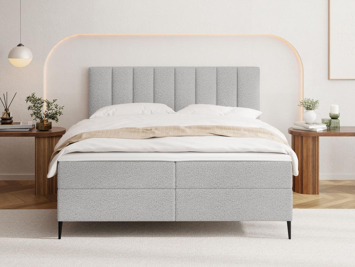 BOXBETT Allen mit Bettkasten, Boucle Grau 120x200 cm – inkl. H4 Taschenfederkern Matratze & Foam Topper - Hellgrau/Schwarz, Textil/Metall (120/200cm) - WFL GROUP