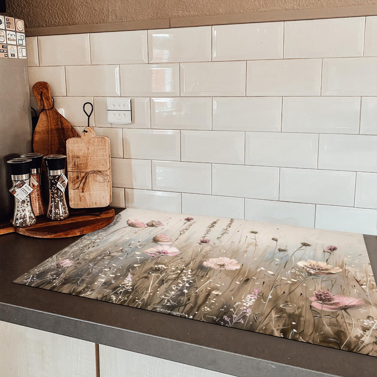 HERDABDECKPLATTE Blumen - Beige - Trockenblumen Induktionsschutz 81.6x52.7 cm - Beige, Kunststoff (81.6/52.7/0.2cm) - MuchoWow