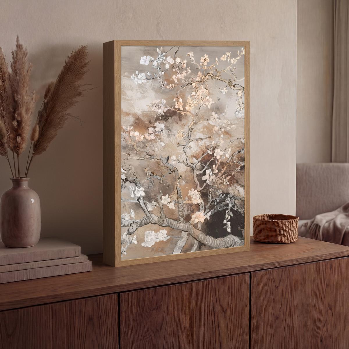 WANDLEUCHTE MIT AKKU Mandelblüte - Kunst - Van Gogh - Beige - Abstrakt 40x60 cm - Graubraun, Holzwerkstoff (40/60/8cm) - OnlyWow