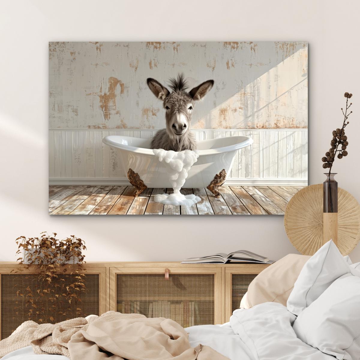 METALLBILD Esel - Tiere - Badewanne - Schaumstoff Wanddeko 90x60 cm - Weiß, Metall (90/60cm) - MuchoWow