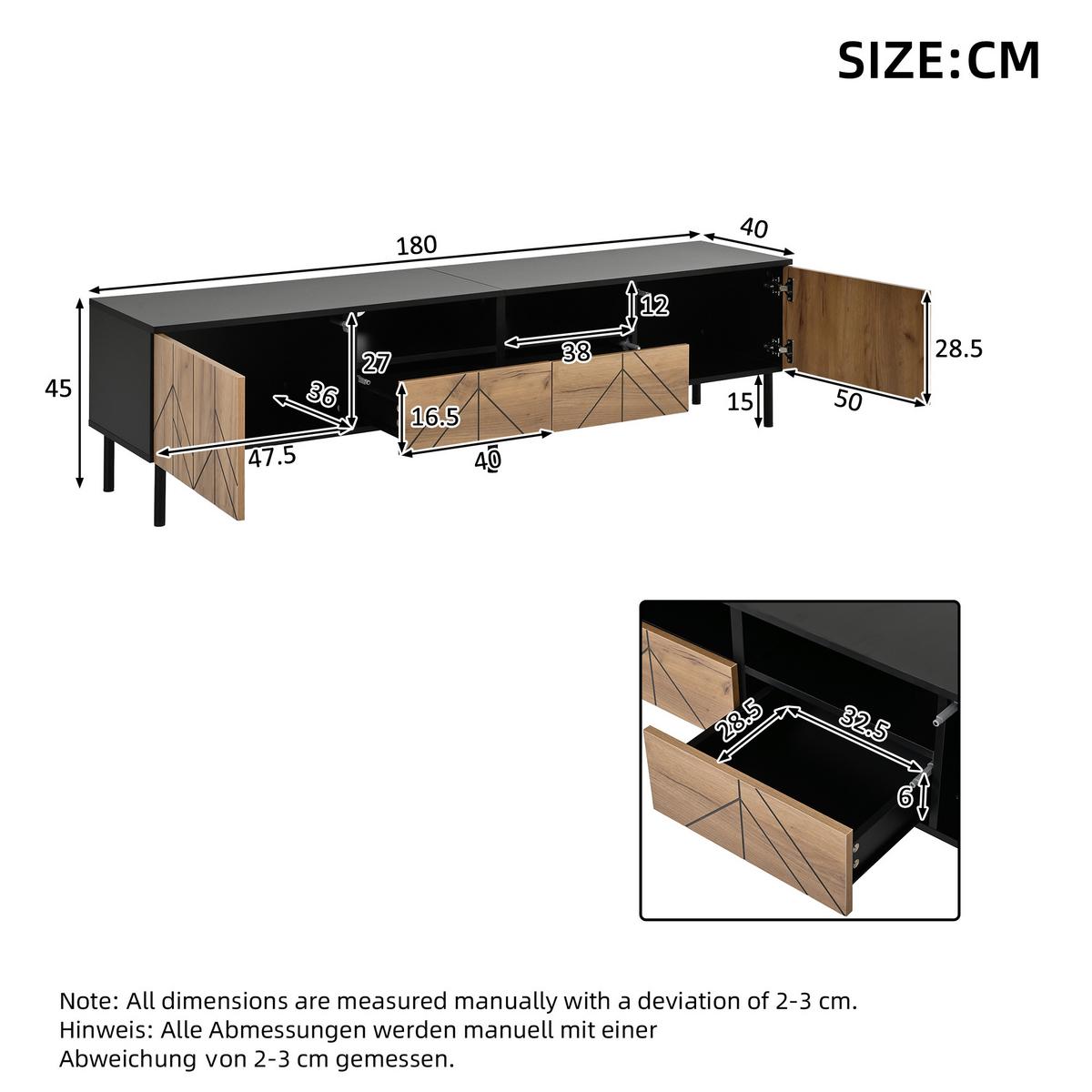 TV-LOWBOARD 180cm Schwarz & Holzoptik mit Türen & Schubladen - Naturfarben, Holzwerkstoff (180/45/40cm) - Urban Meuble