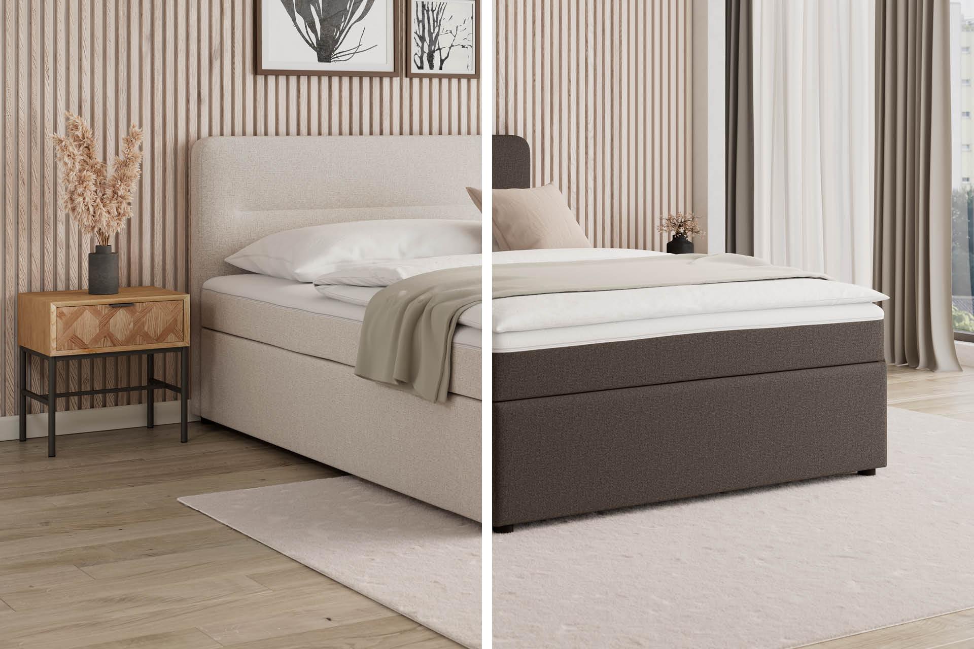 Geteiltes Bild, links ein beiges Polsterbett, rechts ein dunkelbraunes Polsterbett