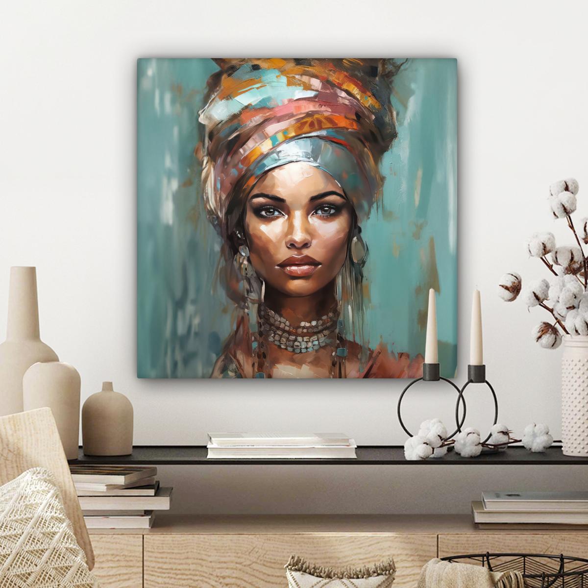 LEINWANDBILD Frau - Kunst - Schmuck - Porträt Wandbild Wohnzimmer 50x50 cm - Blaugrau, Textil (50/50cm) - MuchoWow