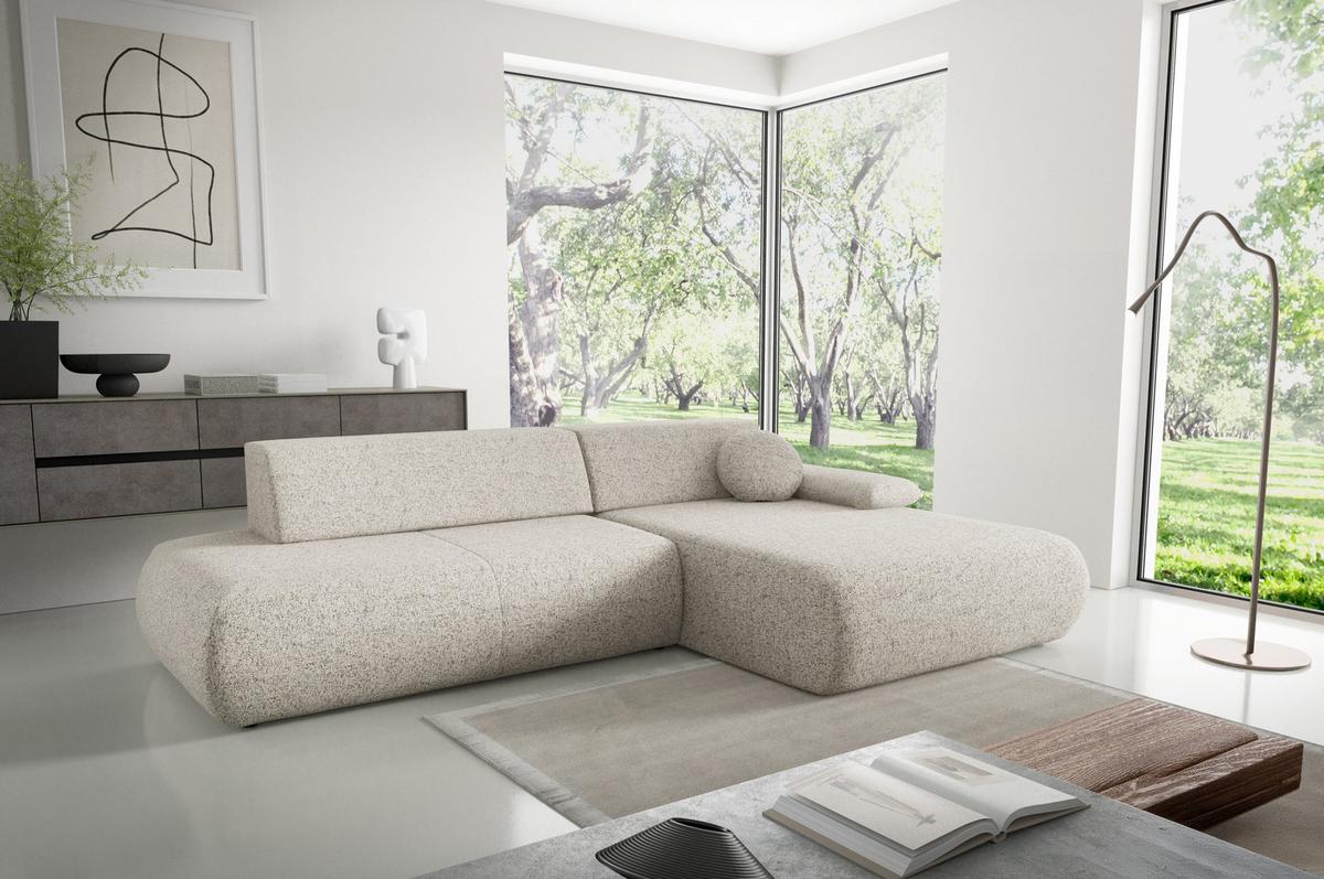 ECKSOFA DELTA R-S Beige Geflochtener Stoff mit Schlaffunktion - Beige, Holz (286/173.5cm) - MASSENO