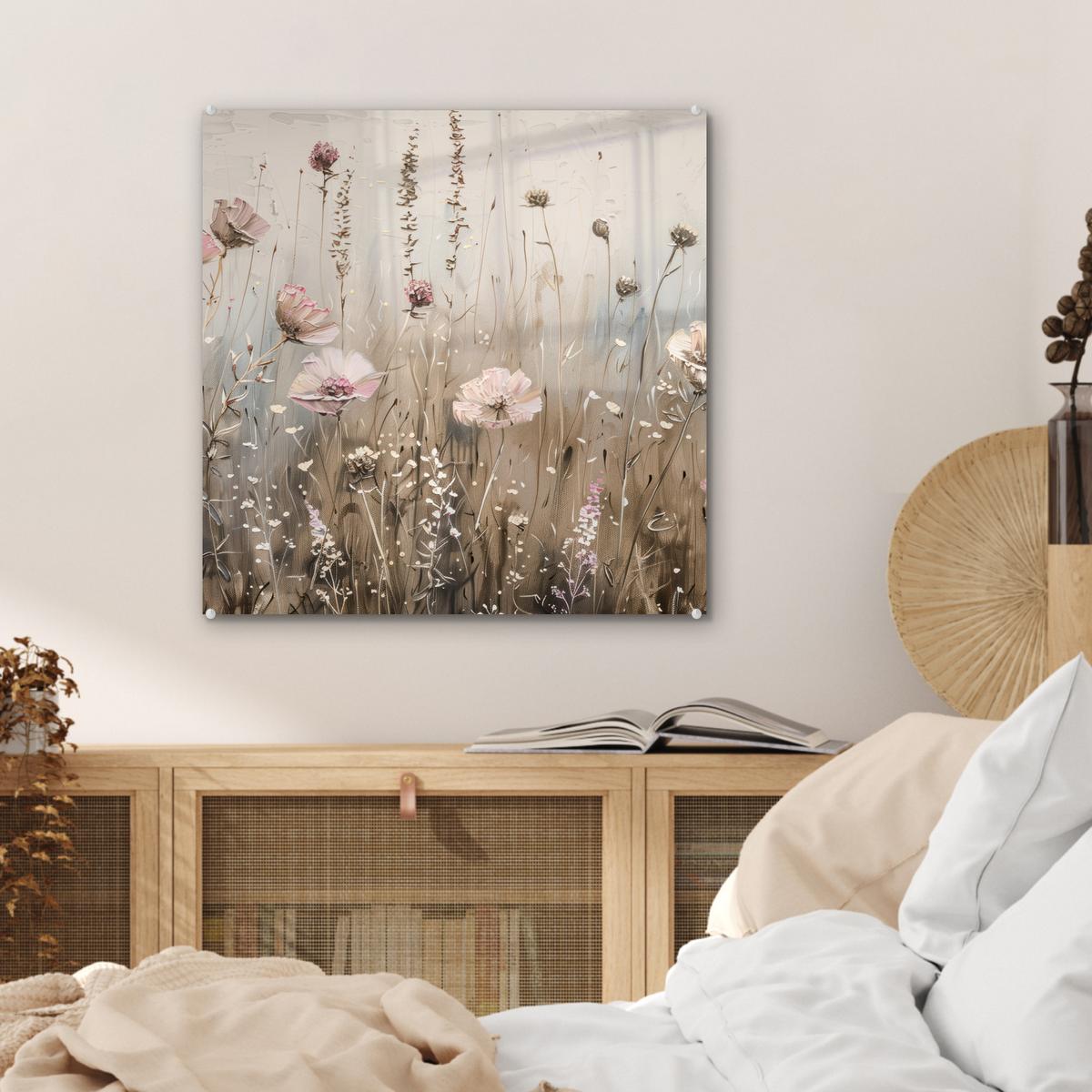 ACRYLGLASBILD Blumen - Rosa - Modern - Beige 50x50 cm - Beige, Glas (50/50cm) - MuchoWow