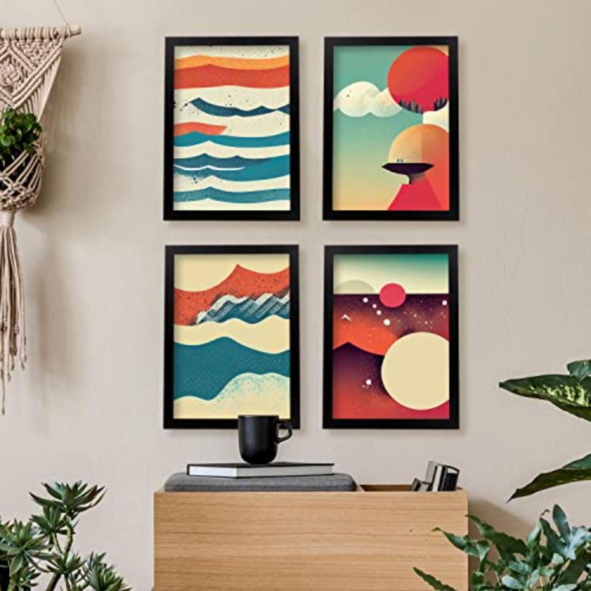 POSTER Set mit 4 Abstrakt Wellen Moderne Galaxien A4 Schwarzer Rahmen - Schwarz, Papier (29.7/3cm) - Nacnic