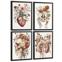 POSTER Set aus 4 Anatomie Drucke und Wandbilder mit Herz Nieren Schädel und Becken Botanischer Stil Wanddekoration Größe Schwarzer Rahmen A4 - Schwarz, Papier (21/29.7/3cm) - Nacnic