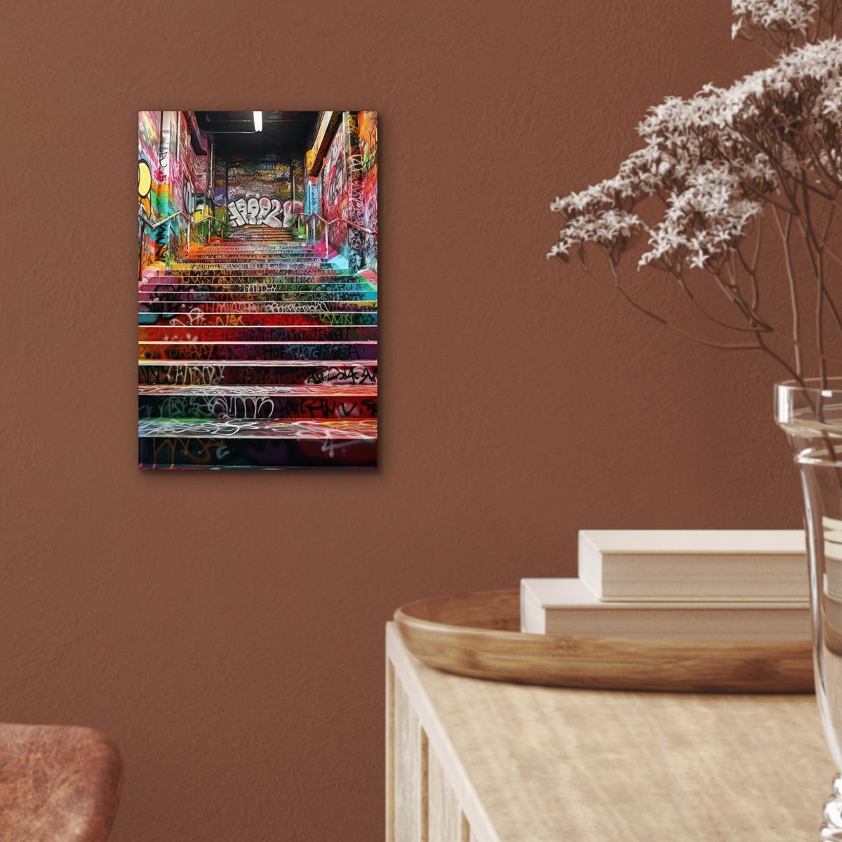 METALLBILD Treppe - Graffiti - Farben - Kunst 20x30 cm - Multicolor, Metall (20/30cm) - MuchoWow