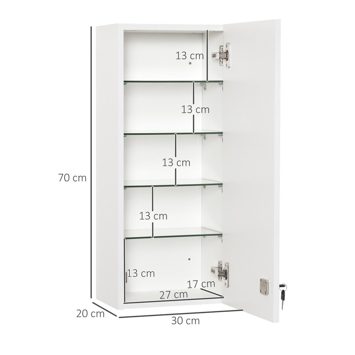 MEDIZINSCHRANK Arzneischrank mit Ablage abschließbarer Hängeschrank Weiß - Weiß, Glas (20/70/30cm) - Kleankin