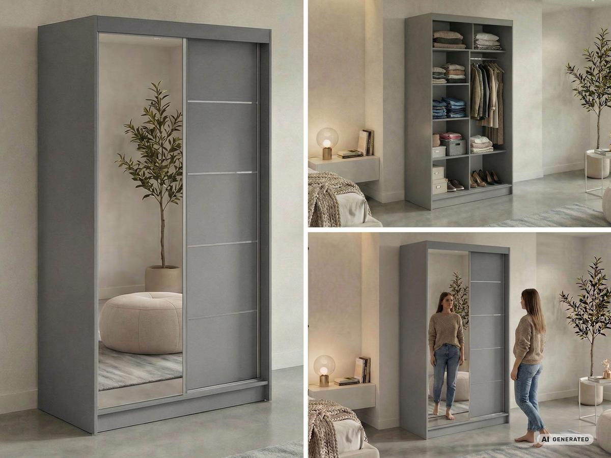 SCHWEBETÜRENSCHRANK 120 - SKORIA - Grau mit Spiegel - Alufarben/Grau, Holzwerkstoff/Metall (120/216/61cm) - MKS