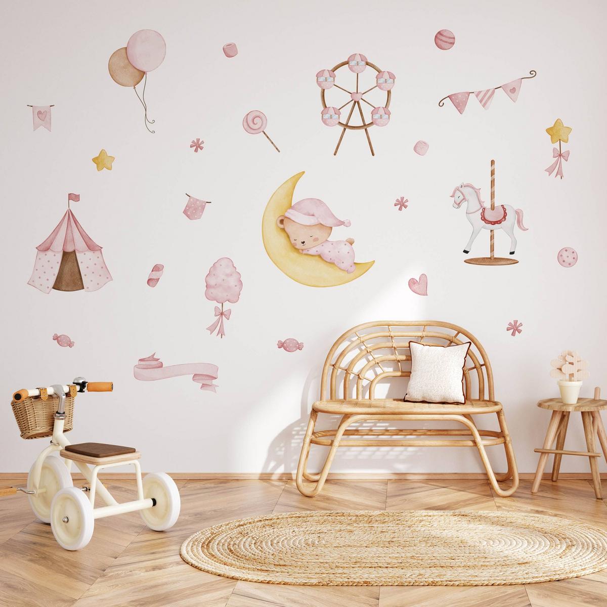 WANDSTICKER Teddybär auf dem Mond Sterne Ballons 120x60 - Gelb/Rosa, Papier (120/60/1cm) - Muralo