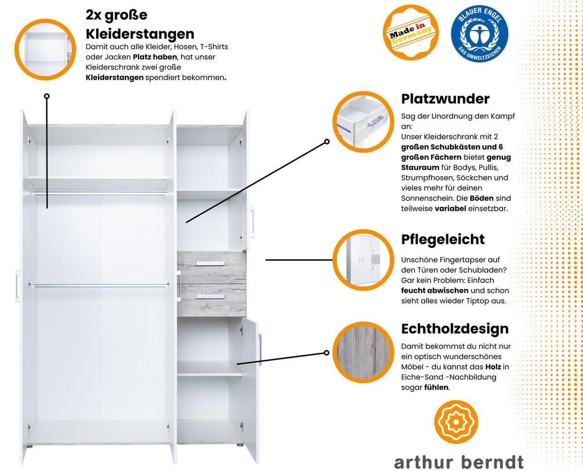 KLEIDERSCHRANK Bente 4-türig Weiß /Eiche - Eichefarben/Silberfarben, Holzwerkstoff/Kunststoff (130/188/54cm) - arthur berndt