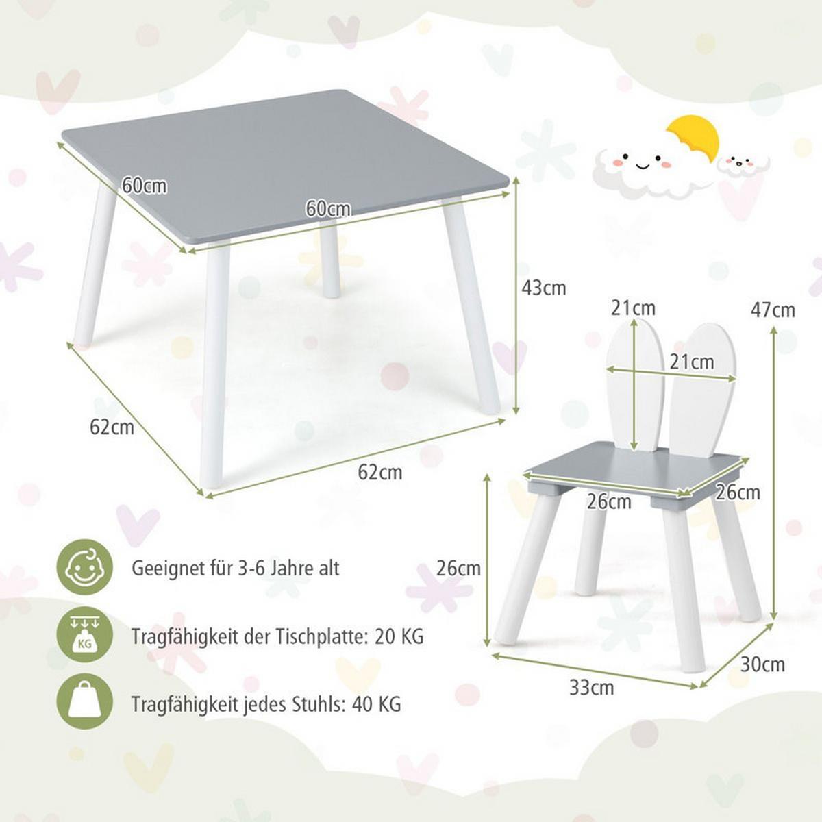 KINDERTISCH mit 2 Stühlen grau(3-tlg) - Grau, Holzwerkstoff (62/43/62cm) - COSTWAY