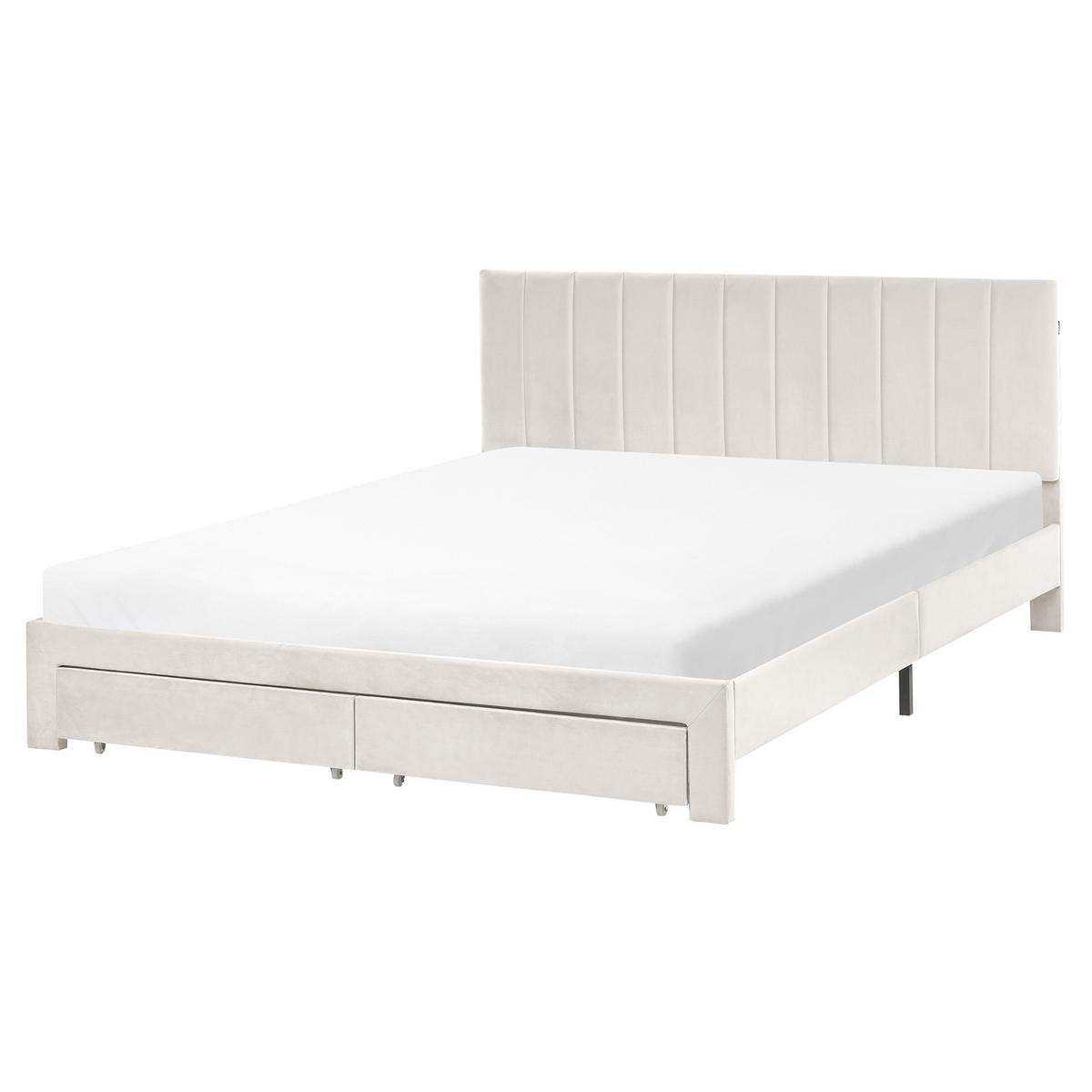 BETT mit Schubladen 160/200 cm Samtstoff Cremeweiß Lonzac - Creme, Textil (160/200cm) - Beliani