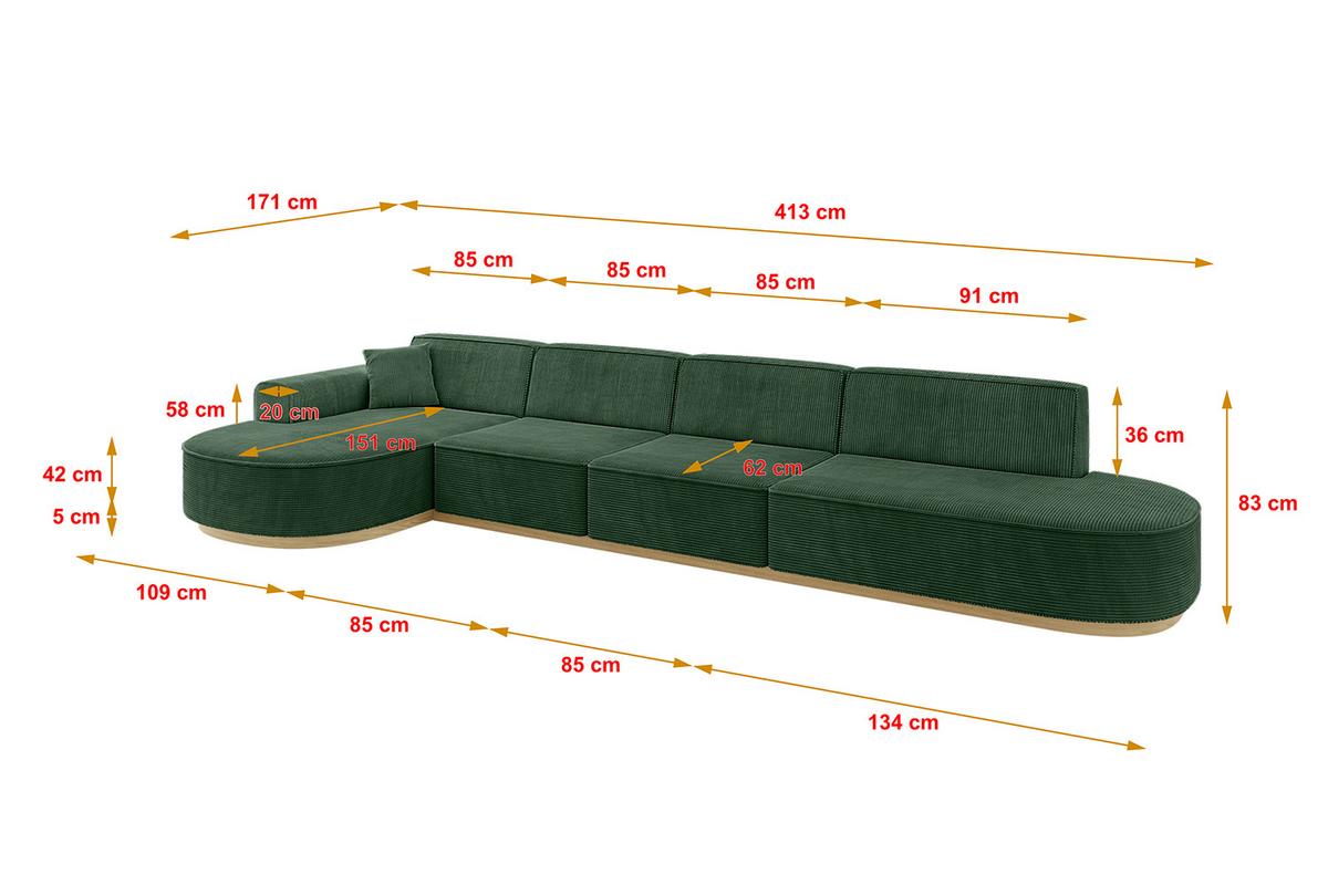 ECKSOFA Ottomane Links MARI-L3-v2 - 413x171x83 cm Grün Cord - Grün, Holzwerkstoff/Textil (413/171cm) - ALTDECOR