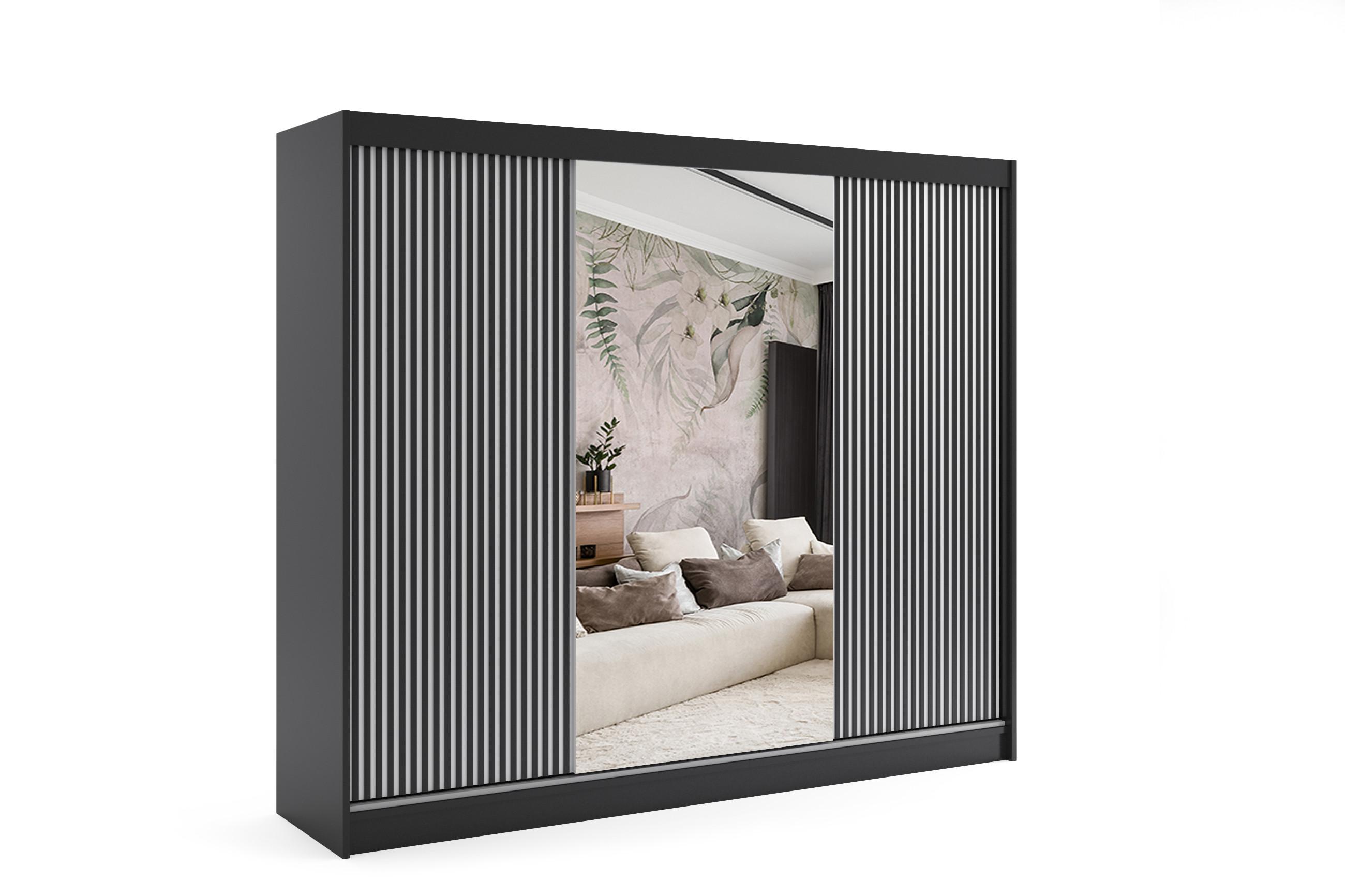 KLEIDERSCHRANK VILAN mit Spiegel - 250 cm - Schwarz - Schwarz, Holzwerkstoff (250/215/61cm) - ALTDECOR