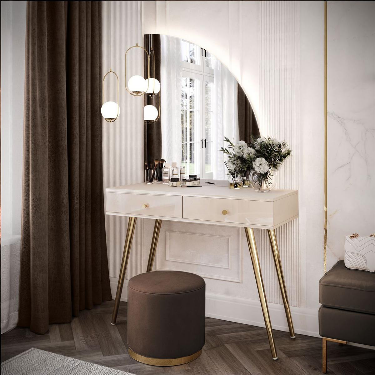 SCHMINKTISCH SIENNA-QS KASCHMIR mit LED-Spiegel Goldgriff - Ecru, Holzwerkstoff (100/81/42cm) - Lookway