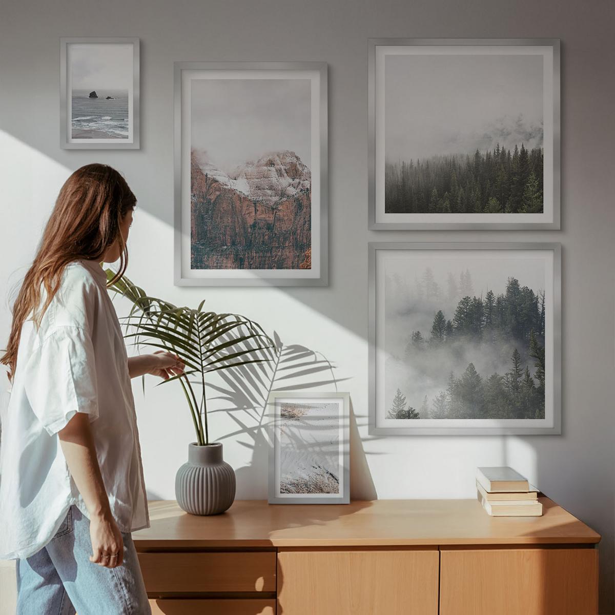 BILDER SET 5er Set - 50x50 cm & 20x30 cm & 40x60 cm Silberner Rahmen - Abstrakte Wellen, graue Pastellfarben - Silberfarben, Kunststoff (40/60cm) - TULUP