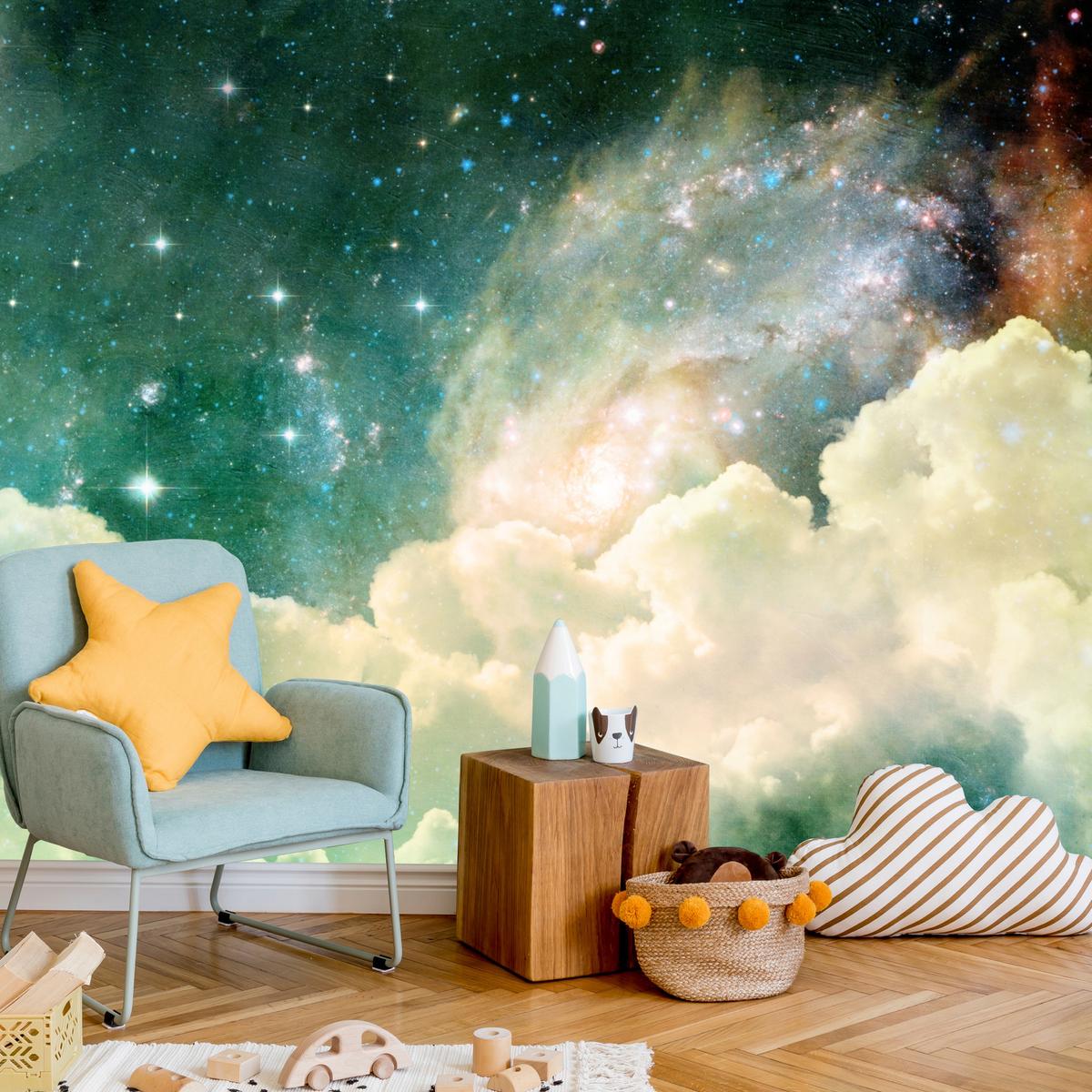 FOTOTAPETE für Kinderzimmer Kosmische Nebelwolken Sterne Galaxie Mystisch 200x140 - Türkis/Pastellgrün, Papier (200/140cm) - Muralo