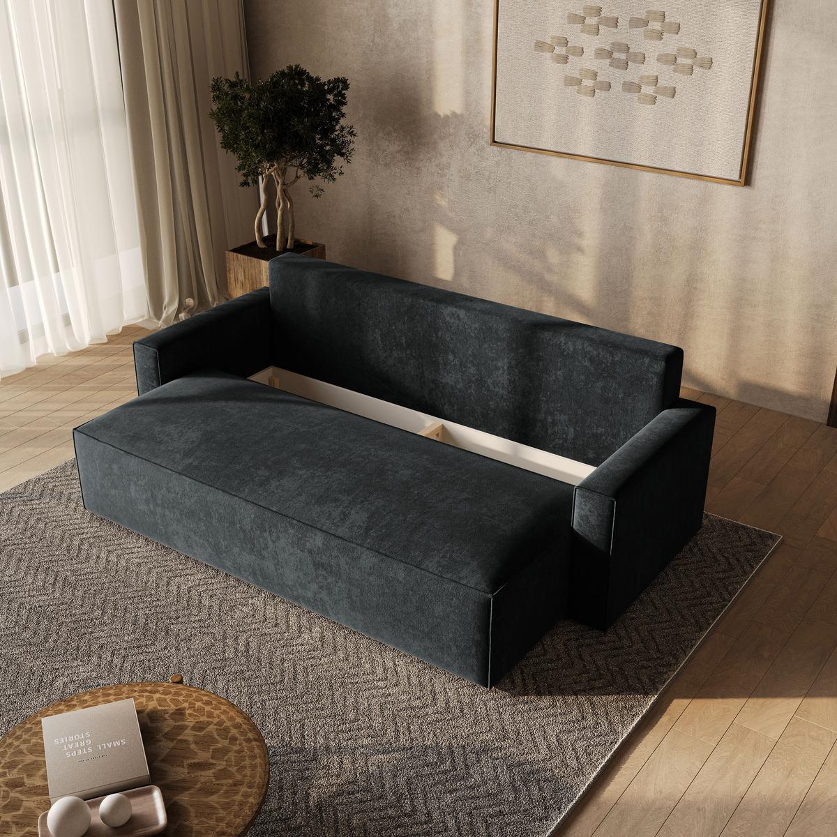 BETTSOFA MENI LM Schwarz Chenille-Stoff mit Schlaffunktion - Schwarz, Textil (232/85/87cm) - MASSENO