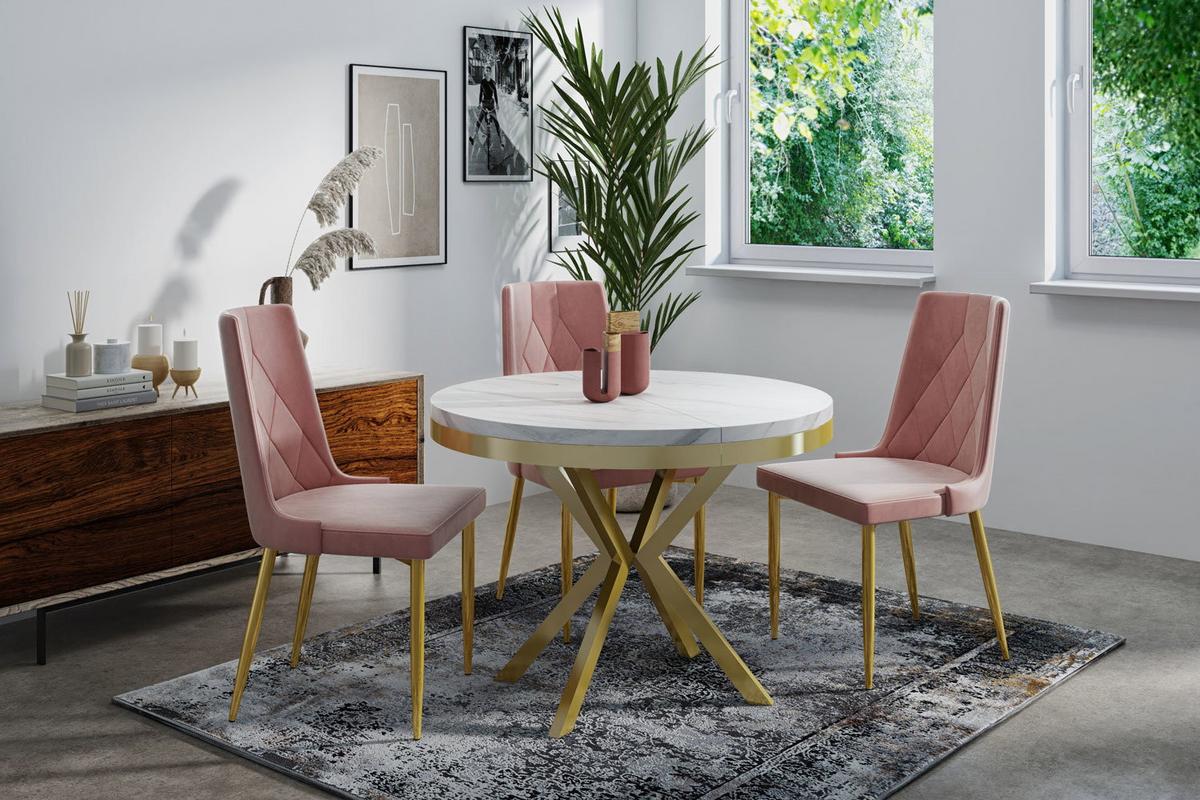 ESSTISCH Dina runder ausziehbarer, Marmor Weiß 120-200/100/76 cm - Ecru/Goldfarben, Holzwerkstoff/Metall (120/200/76cm) - WFL GROUP