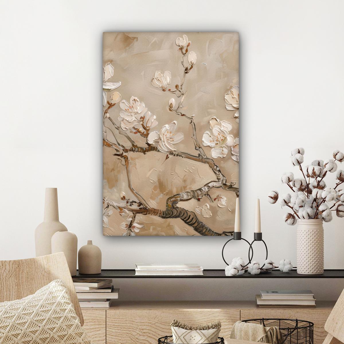 LEINWANDBILD Blumen - Modern - Beige - Weiß - Blüte Wanddeko Schlafzimmer 60x90 cm - Beige, Textil (60/90cm) - MuchoWow