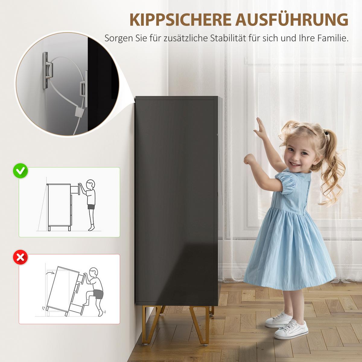 SCHUHSCHRANK mit 2 Türen, Schuhregal, Schuhaufbewahrung mit 3 Ablagen Schwarz - Schwarz Hochglanz/Goldfarben, Holzwerkstoff/Metall (31.5/95/72cm) - HOMCOM