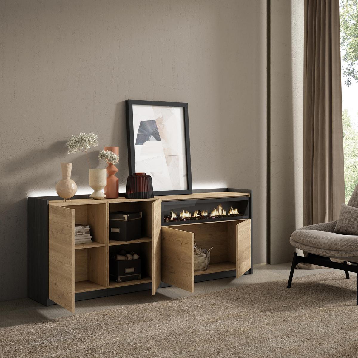 SIDEBOARD, Eiche und Schwarz, 207/37/80cm, Kamin mit Feuereffekt - Eichefarben, Holzwerkstoff (207/80/37cm) - Skraut Home