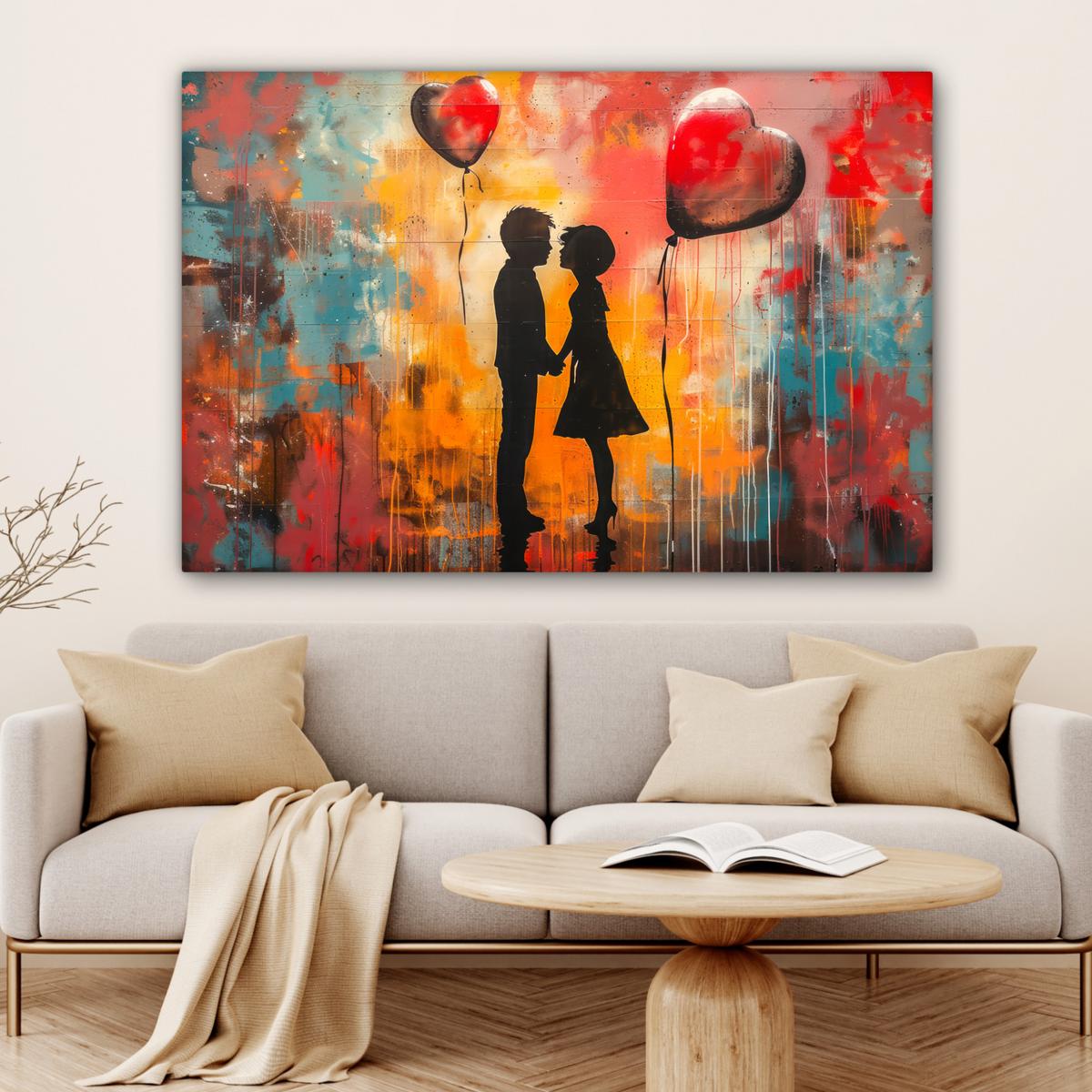 LEINWANDBILD Straßenkunst - Liebe - Graffiti - Kunst - Banksy Wohnzimmer Groß 120x80 cm - Orange, Textil (120/80cm) - MuchoWow