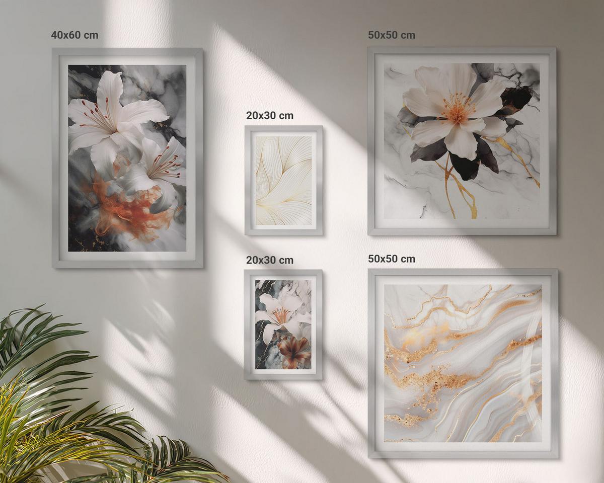 BILDER SET 5er Set - 50x50 cm & 20x30 cm & 40x60 cm Silberner Rahmen - Blumen Marmor weiß schwarz - Silberfarben, Kunststoff (40/60cm) - TULUP