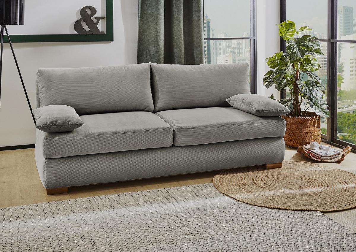 DAUER-SCHLAFSOFA Federkern Topper Bettkasten B201/T110/H88 cm, Liegefläche 160x200 cm, Feincord Hellgrau / 15152 - Wildeiche/Eiche Bianco, Holz/Textil (201/88/110cm) - luma-home