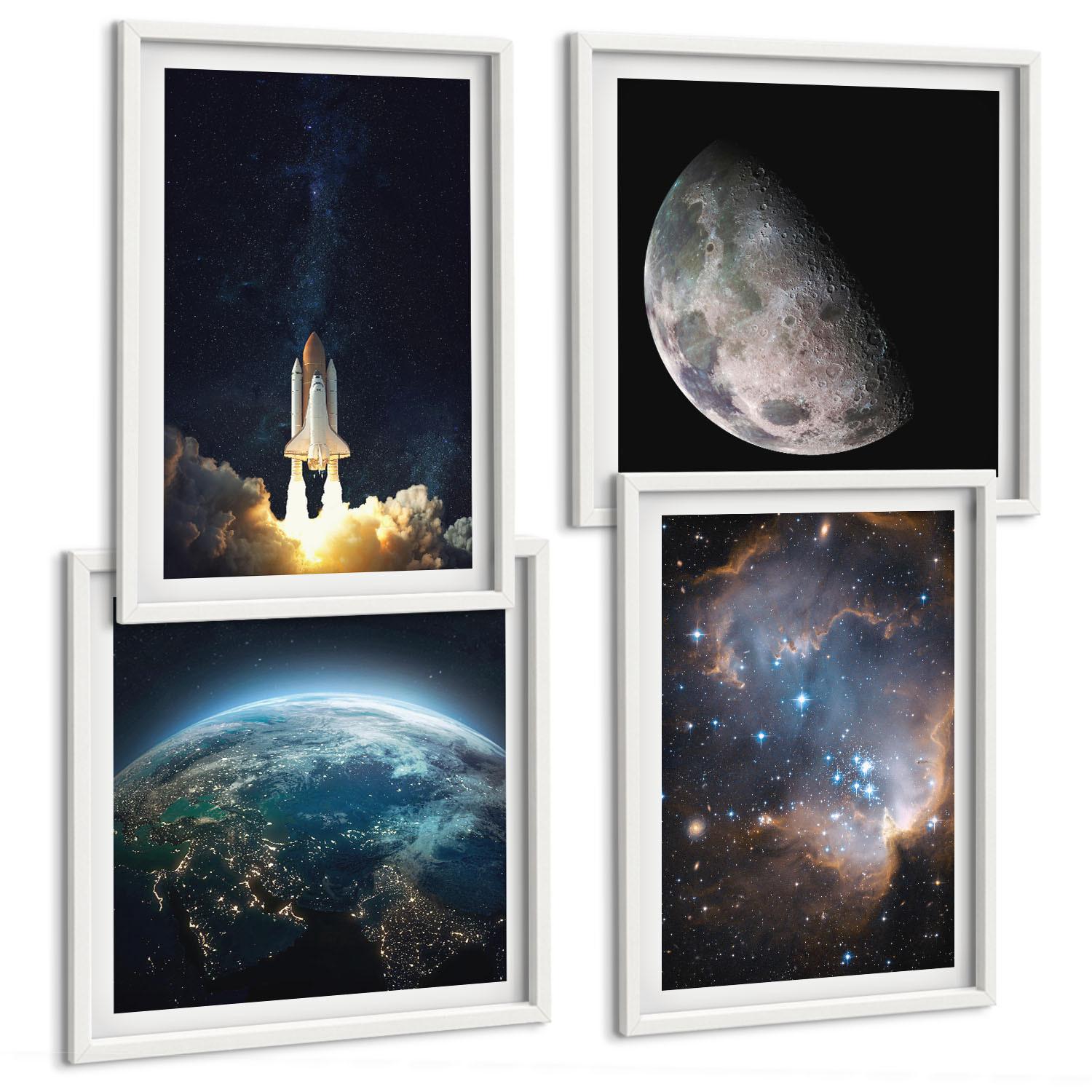 BILDER SET 4er Set - 50x50 cm & 40x60 cm Weißer Rahmen - Weltraum Erde Rakete Galaxie - Weiß, Kunststoff (50/50cm) - TULUP