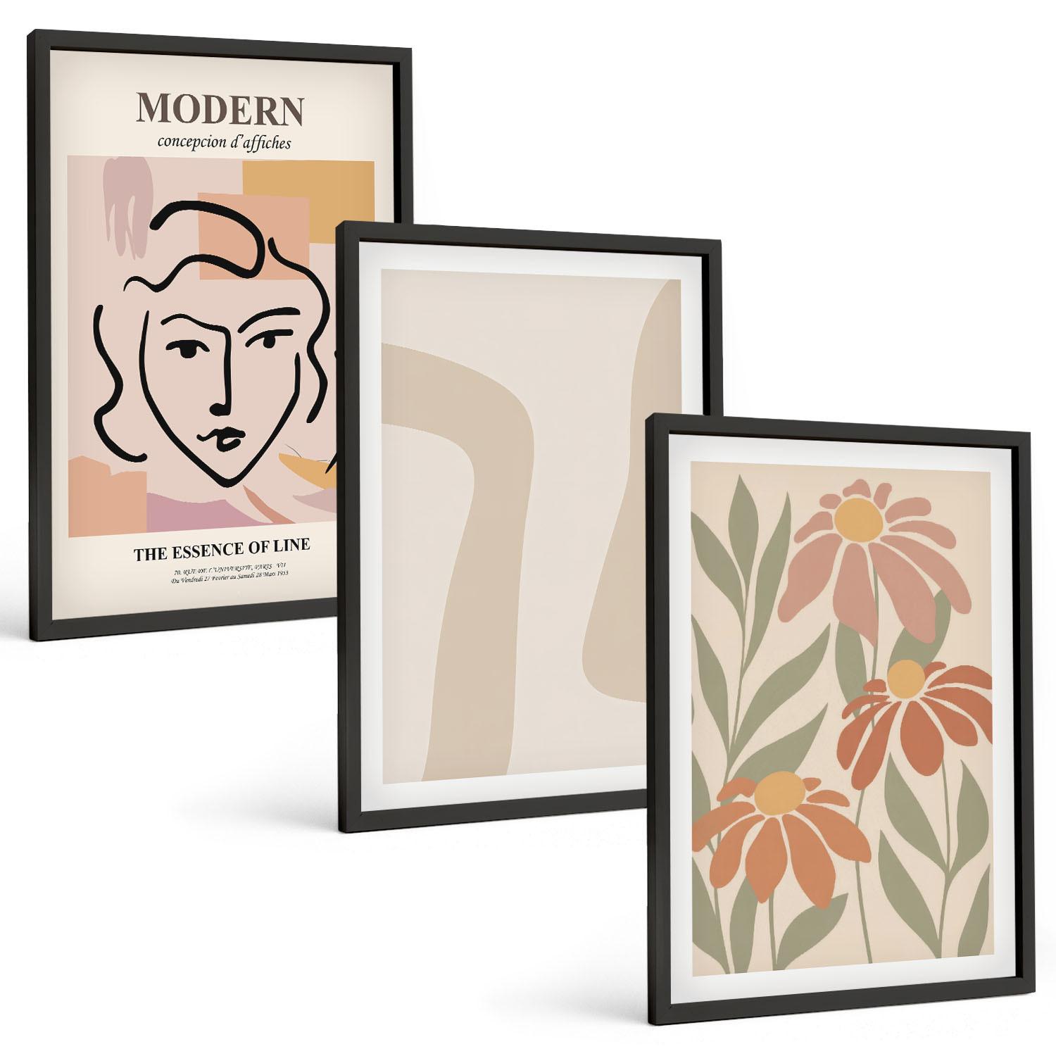 BILDER SET 3er Set - 40x60 cm Schwarzer Rahmen - Moderne abstrakte Frau - Schwarz, Kunststoff (40/60cm) - TULUP