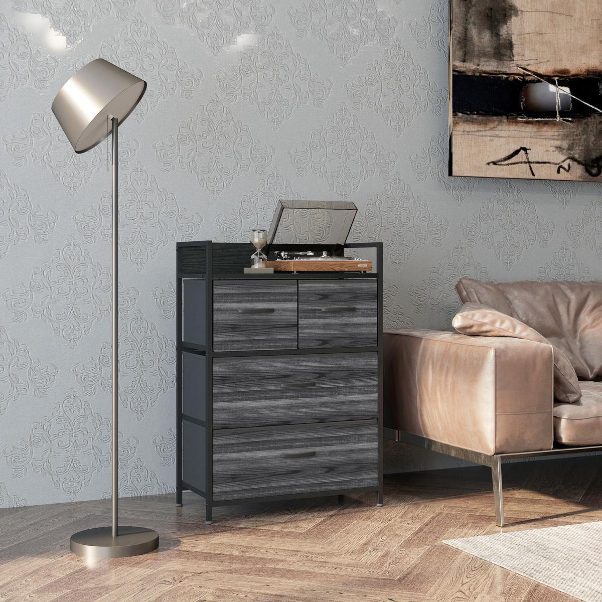 KOMMODE, Sideboard mit 4 Faltbaren Schubladen aus Stoff, Regal und Griff Schwarz - Schwarz, Textil/Metall (29/85/60cm) - HOMCOM