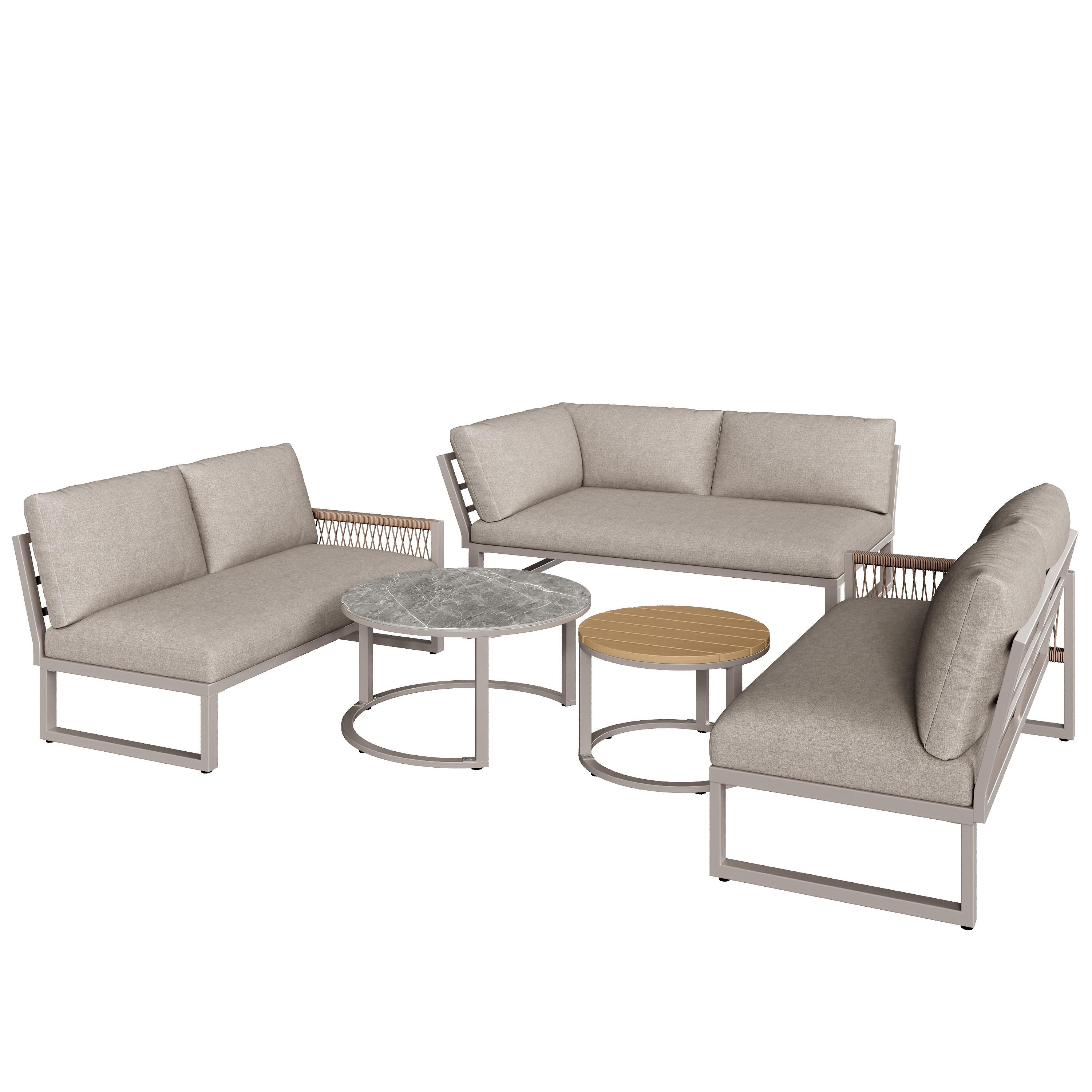 LOUNGEGARNITUR 5-tlg Beige Metall & Seil Ecksofa für 6–7 Personen mit 2 Couchtischen - Beige, Metall - Urban Meuble