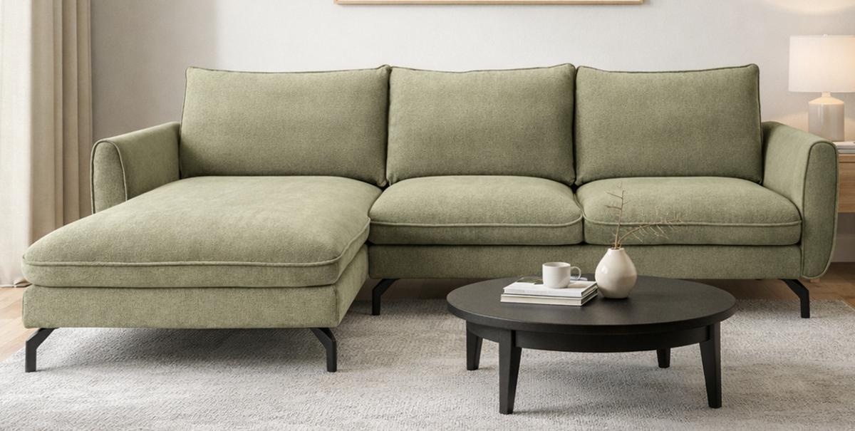 SOFA grün Webstoff 259 x 167 cm, Ecksofa 5-Sitzer, L-Sofa Ottomane links - Schwarz/Grün, Holz/Textil (259/167cm) - Inn.Furn