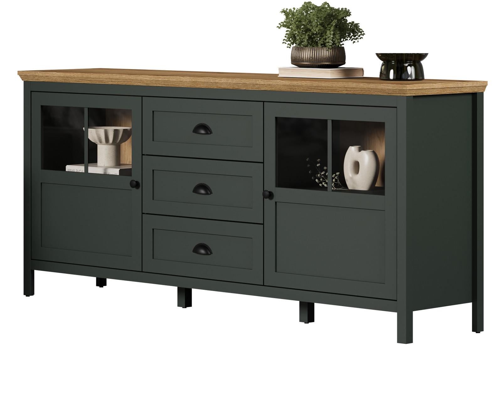 SIDEBOARD grün, Evoke Eiche Landhaus 185 x 86 cm, Kommode inklusive LED Beleuchtung - Eichefarben/Schwarz, Glas/Holzwerkstoff (185/86/45cm) - Top.Furn