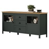 SIDEBOARD grün, Evoke Eiche Landhaus 185 x 86 cm, Kommode inklusive LED Beleuchtung - Eichefarben/Schwarz, Glas/Holzwerkstoff (185/86/45cm) - Top.Furn