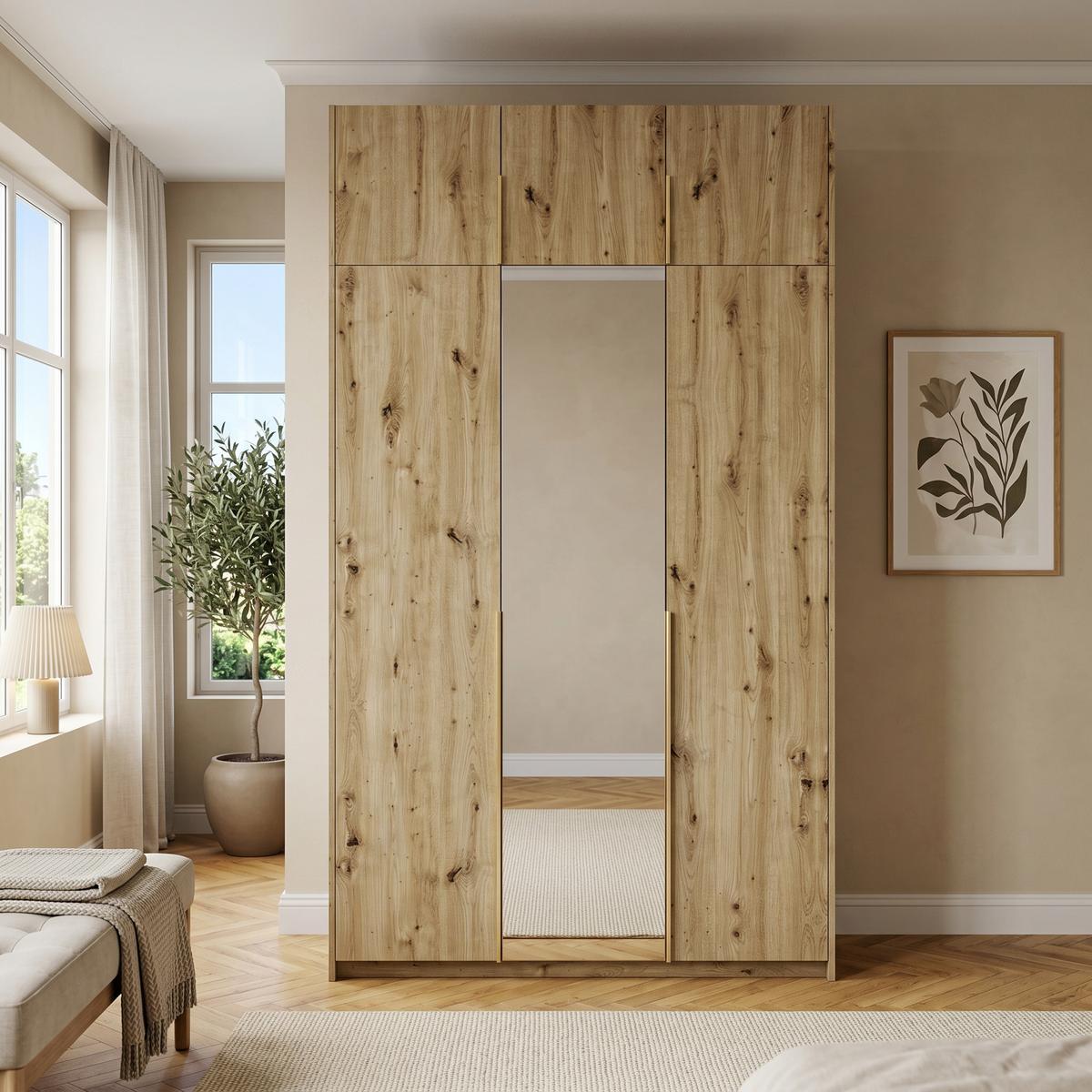 DREHTÜRENSCHRANK THALIA 148/250/58cm 3-türig mit Spiegel Eiche Artisan - Eiche Artisan, Holzwerkstoff (148/250/58cm) - MASSENO