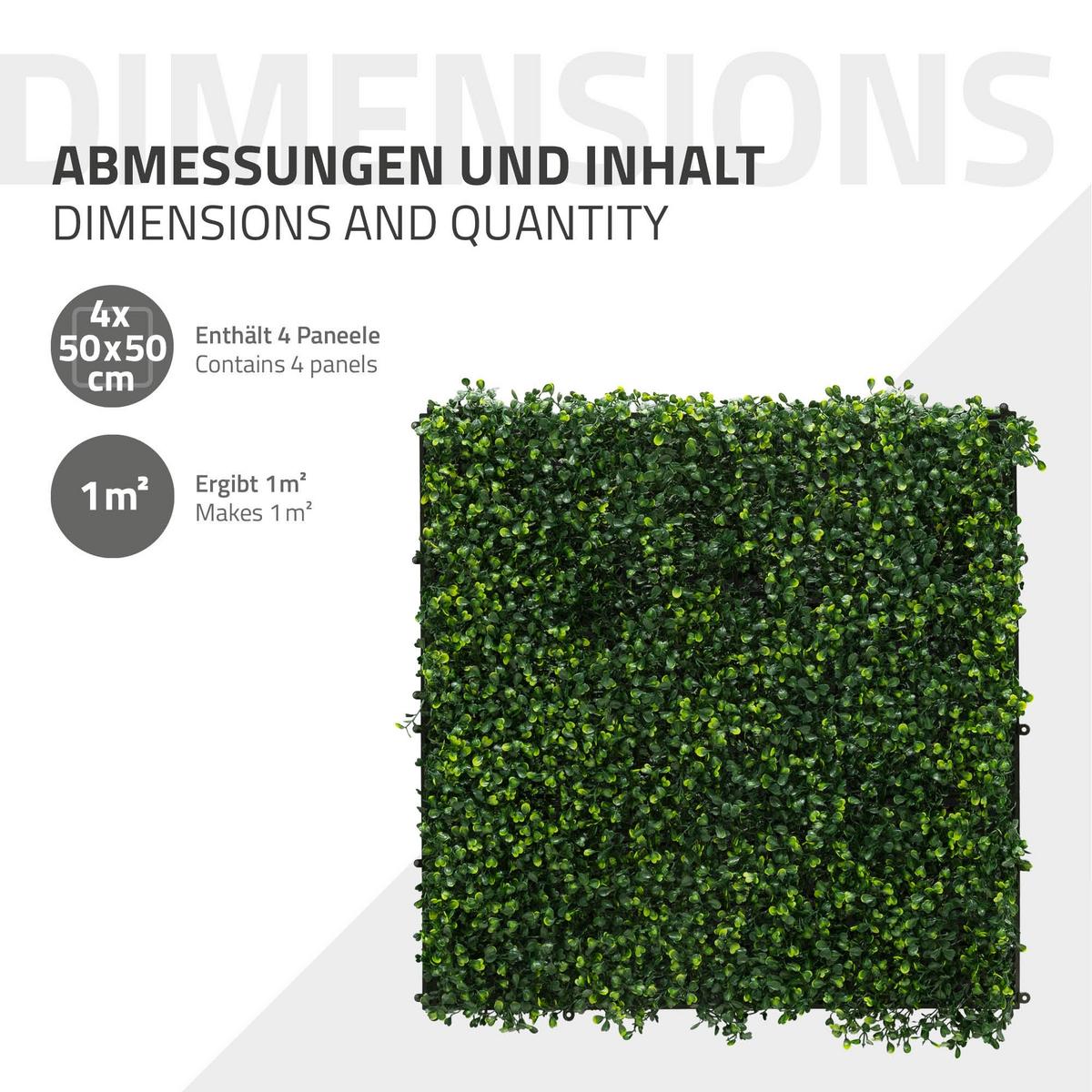 KÜNSTLICHE PFLANZENWAND 4er Set 50x50 cm Kunstpflanzen Wand Innen Aussen Grün Classic Buxus - Dunkelgrün, Kunststoff (50/50/5cm) - ECD-Germany