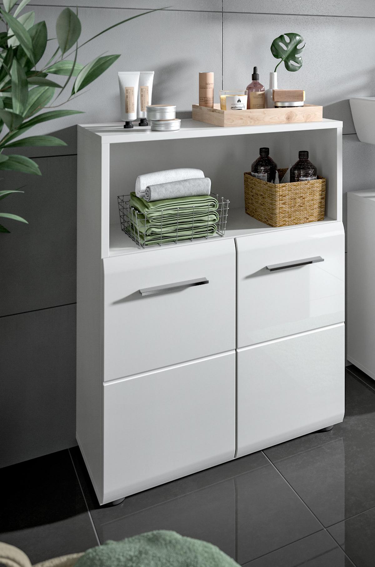 BADKOMMODE weiß Hochglanz, Badschrank 2-türig 60 x 80 cm - Weiß Hochglanz/Silberfarben, Holzwerkstoff/Kunststoff (60/80/30cm) - Inn.Furn