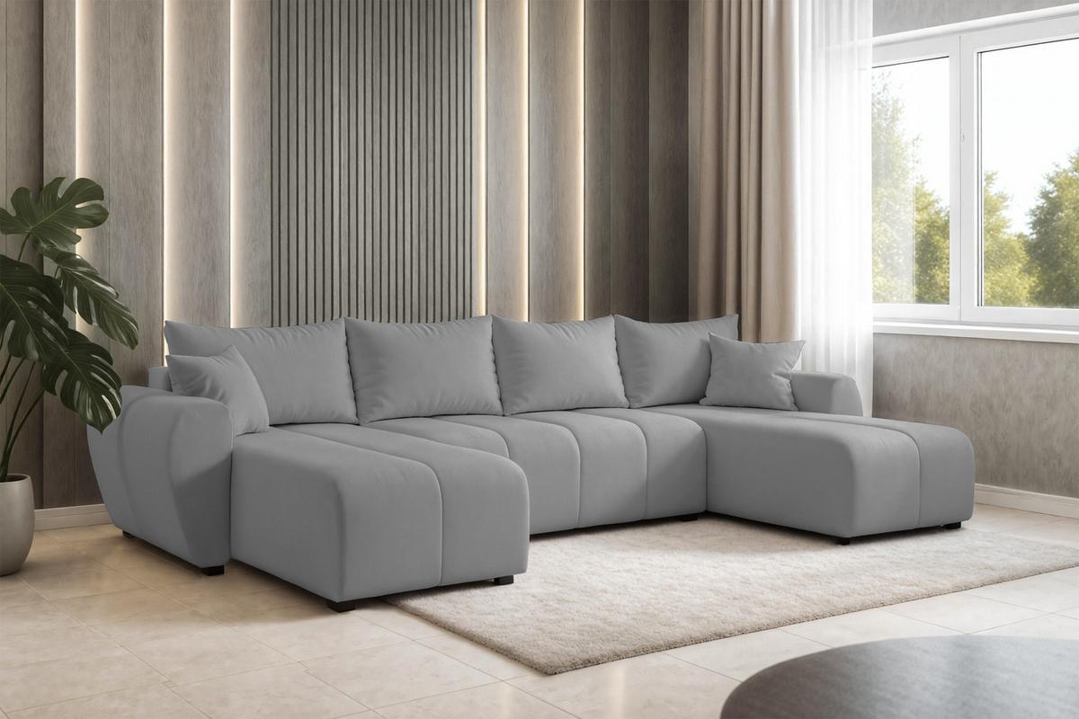 WOHNLANDSCHAFT Malatya U Form Hellgrau 311/145/80 cm mit Schlaffunktion - Hellgrau/Schwarz, Kunststoff/Textil (311/80/145cm) - AX Living