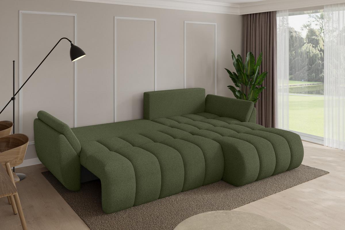 ECKSOFA mit Schlaffunktion Ottomane Rechts TOKO-L-v1 277x194x86 Grün Bouclé - Schwarz/Olivgrün, Holzwerkstoff/Kunststoff (277/194cm) - ALTDECOR