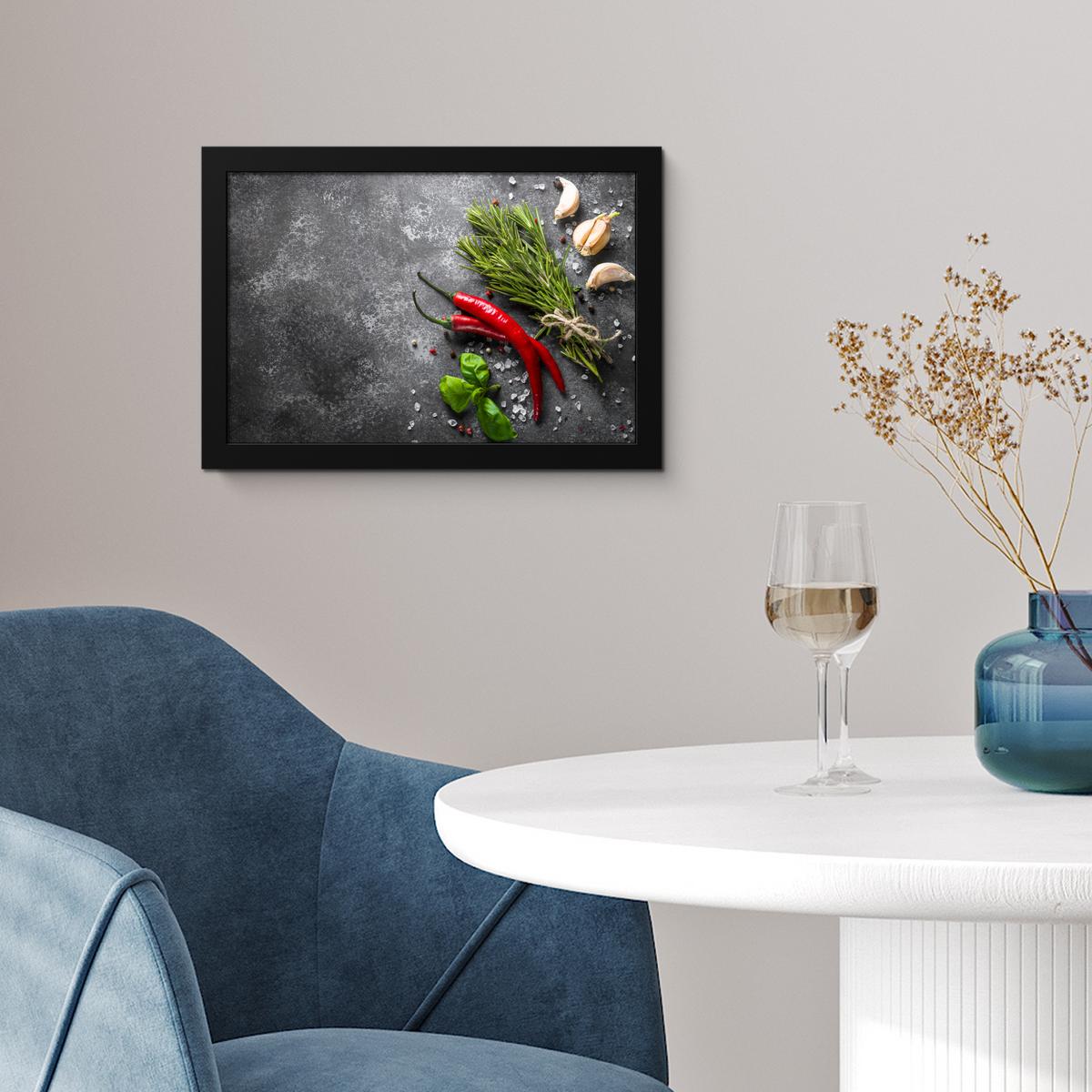 POSTER MIT RAHMENGERAHMTES BILD Pfeffer - Kräuter - Gewürze - Beton 30x20 cm - Dunkelgrau, Papier (30/20cm) - MuchoWow