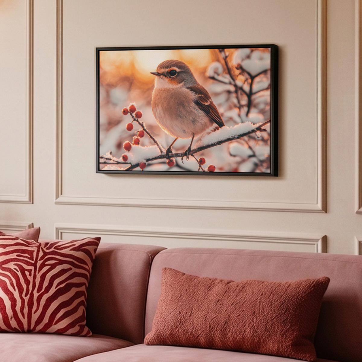 LEINWAND Bilder mit Rahmen - Vogel - Zweig - Winter - Tiere - Schnee - 60x40 - Bernsteinfarben, Textil (60/40cm) - MuchoWow