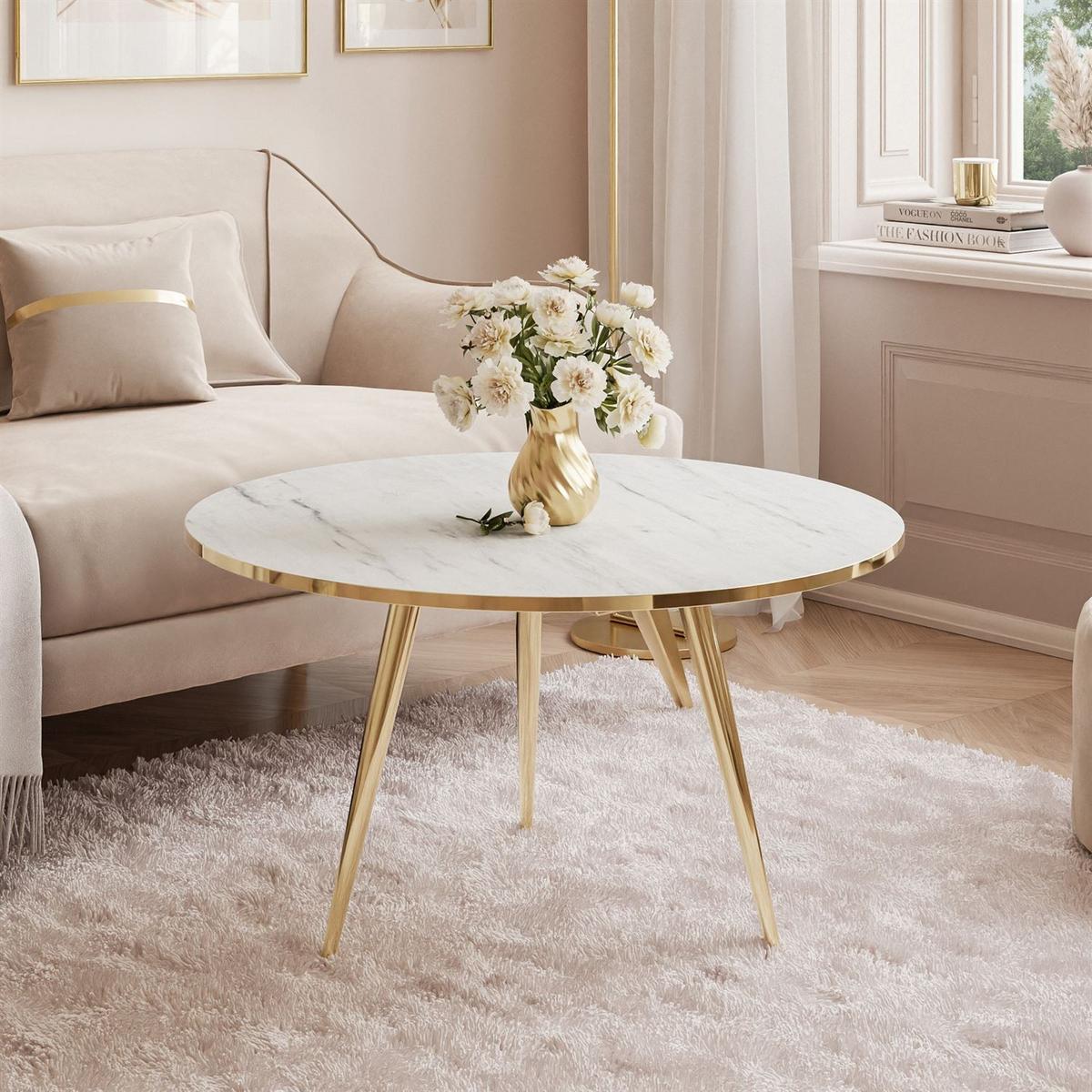 COUCHTISCH SOLEIL GOLD Weiß Marmor, 70cm - Weiß, Holzwerkstoff (70/70/47cm) - Lookway